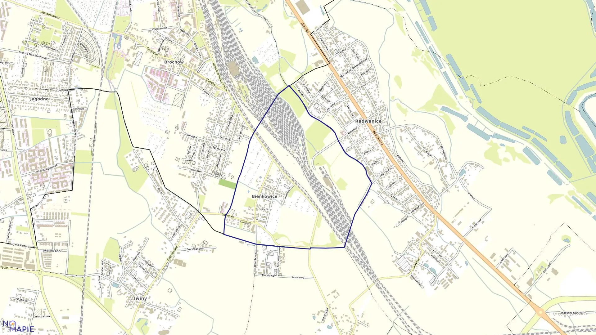 Mapa obrębu Bieńkowice w mieście Wrocław