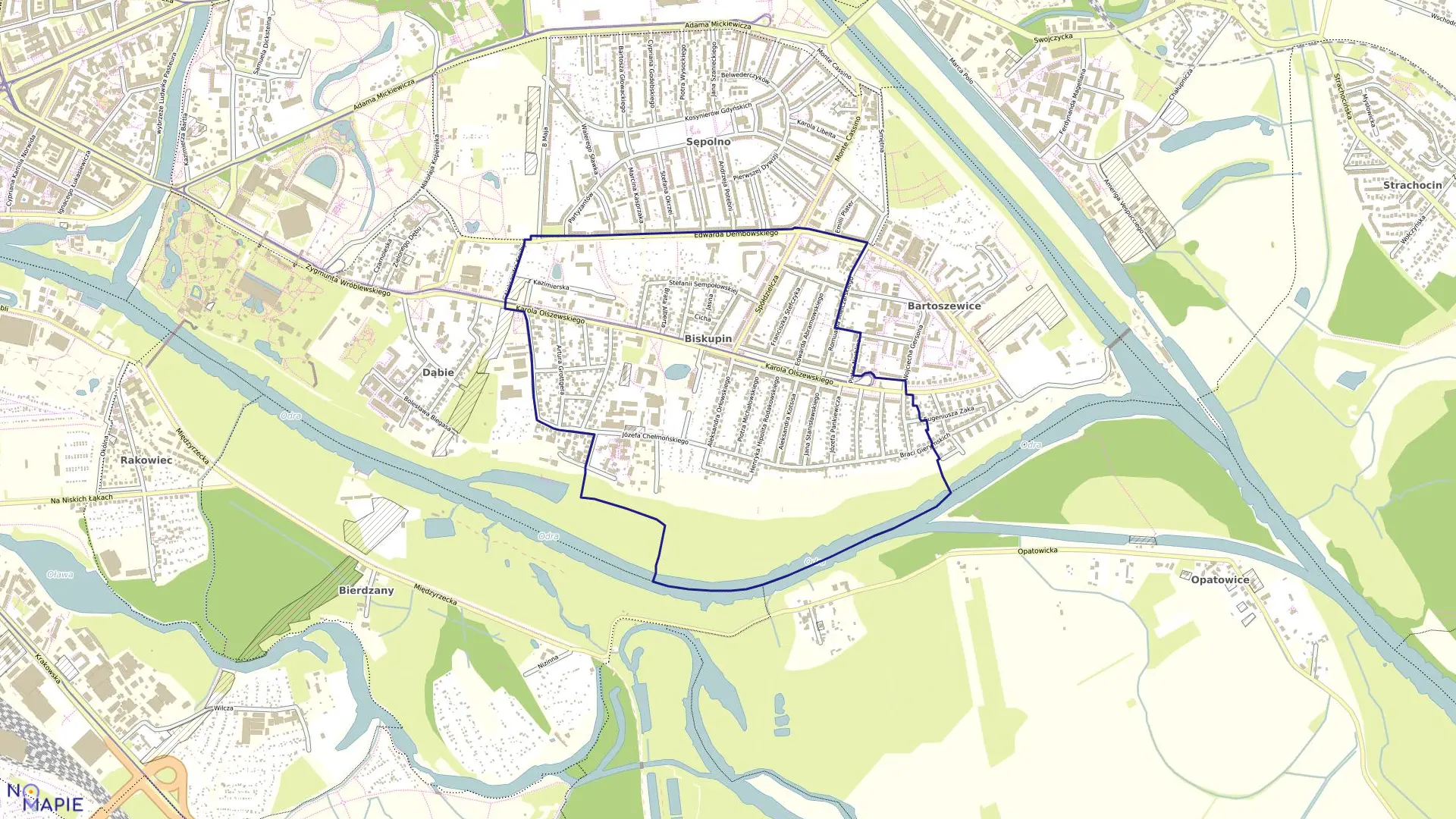 Mapa obrębu Biskupin w mieście Wrocław