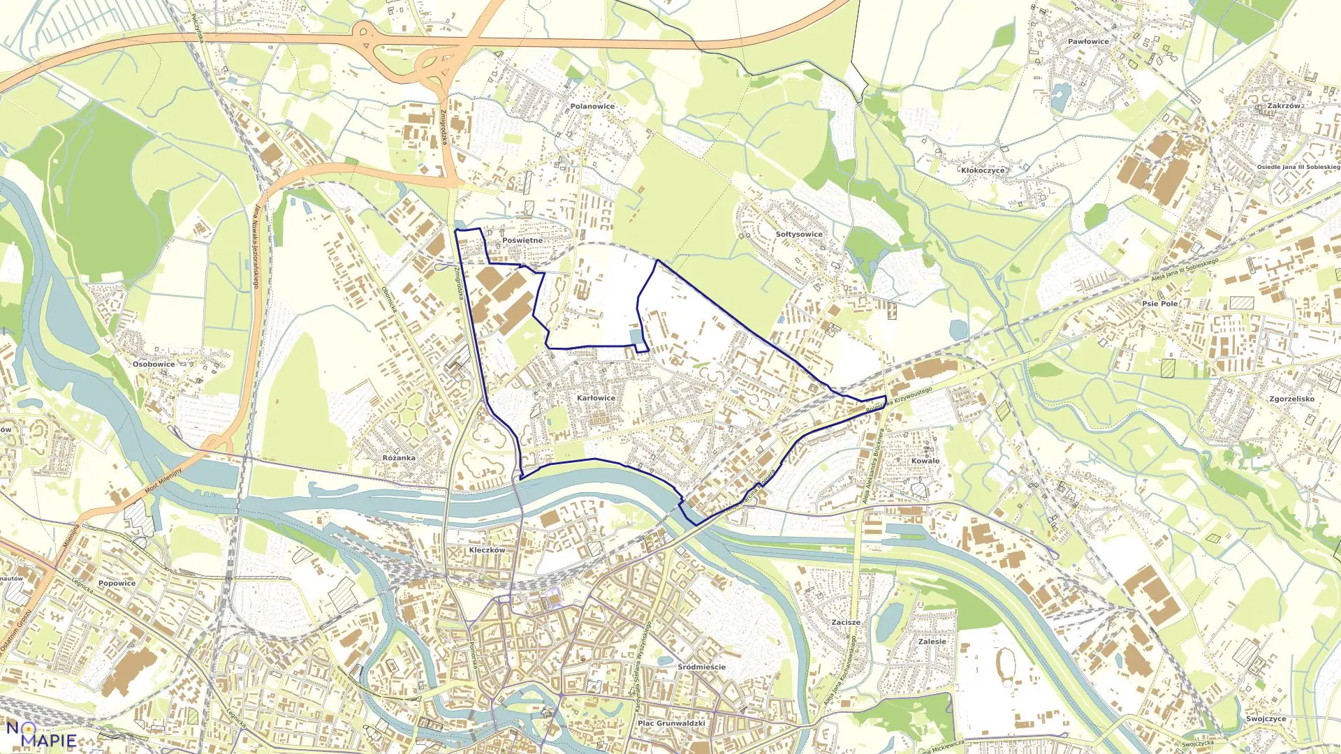 Mapa obrębu Karłowice w mieście Wrocław