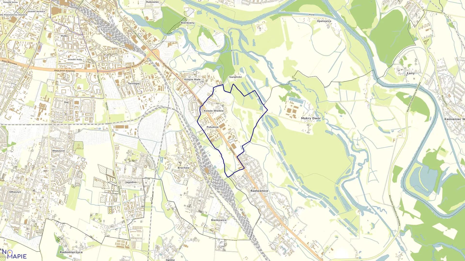 Mapa obrębu Księże Wielkie w mieście Wrocław