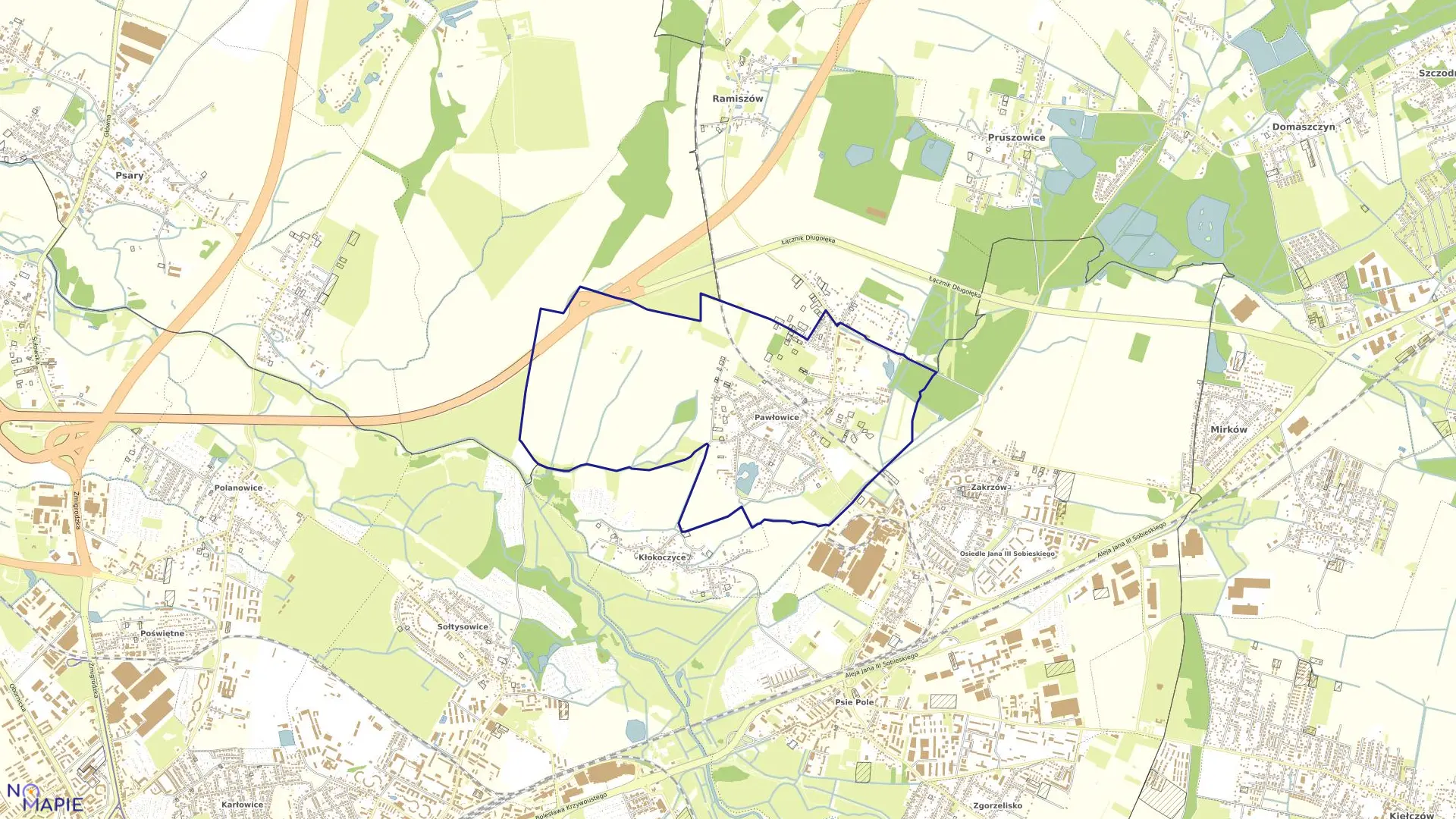 Mapa obrębu Pawłowice w mieście Wrocław