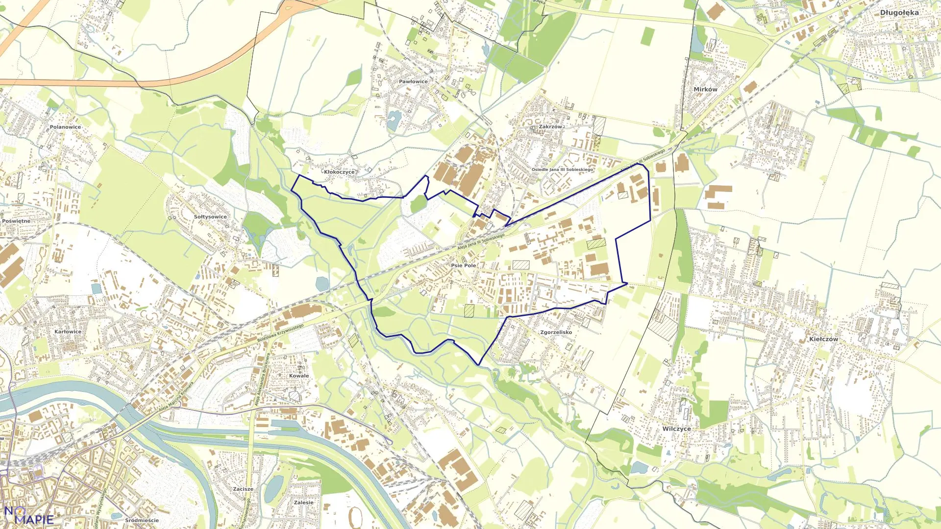 Mapa obrębu Psie Pole w mieście Wrocław